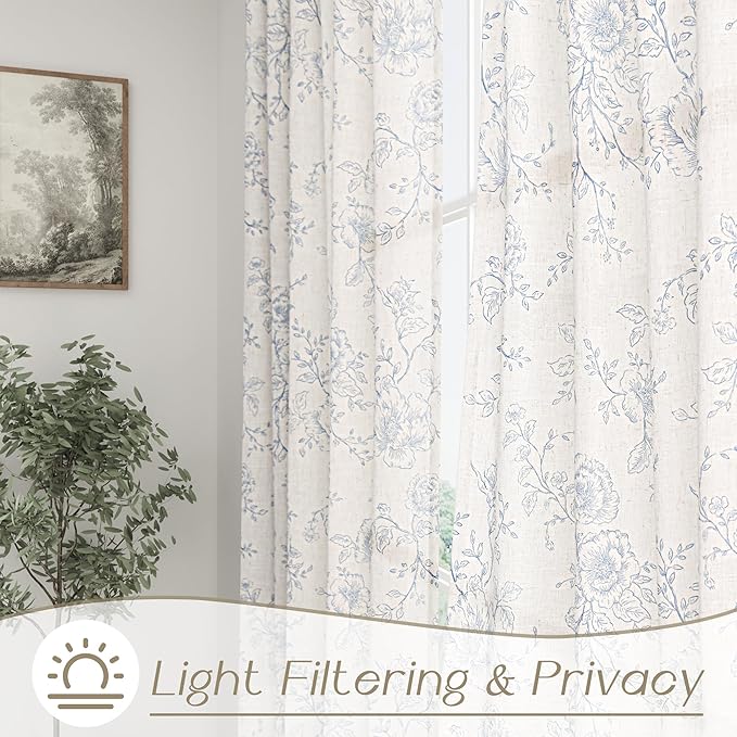 Pinch Pleat Blue Floral Curtains 84 inch Long Memory Trained Linen Curtain Light Filtering Living Room Farmhouse Blue and Cream Flower Pattern Printed Pleated Drapes with Hooks 2 Panels 40“W x 84"L
