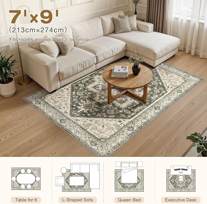 Area Rug for Living Room - 7x9 Washable Oriental Vintage Floral Large Soft Carpet - Fade Stain Resistant Non Slip Rugs for Bedroom Dining Room Nursery Dorm Office Home Decor - Vintage Green