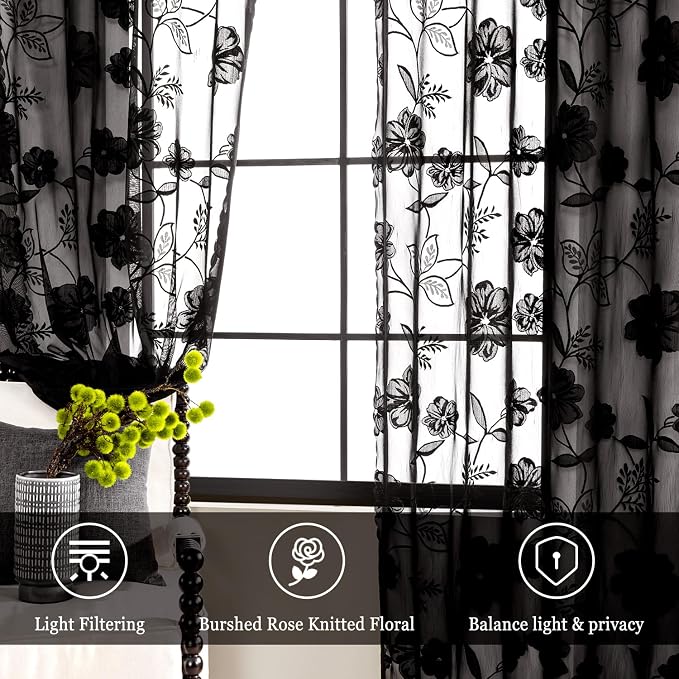 Treatmentex Black Lace Curtains for Bedroom Living Room 90 inch Length Vintage Rose Floral Embroidered Sheer Curtain Panels with Scalloped Edge 54" w 2pcs