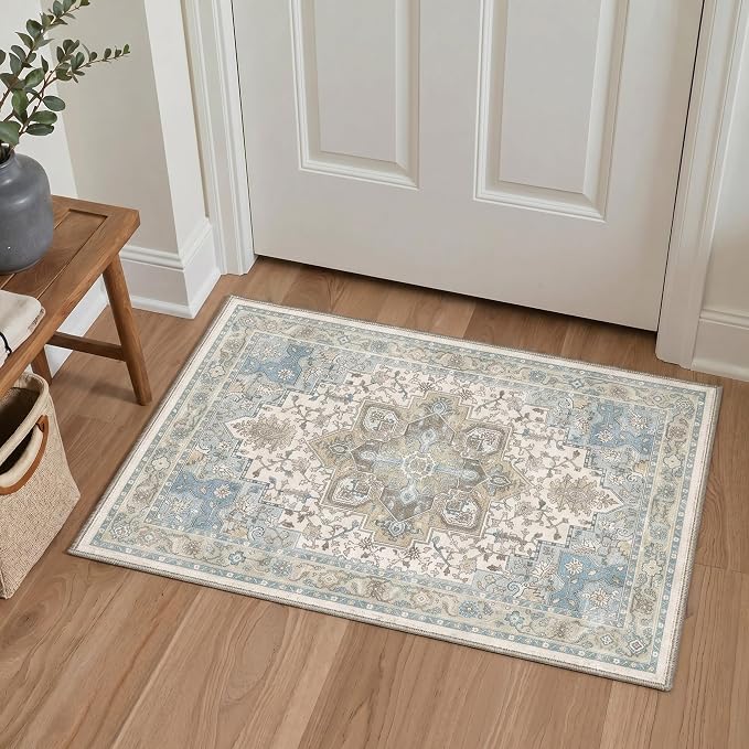 GENIMO 5x7 Floral Medallion Area Rug Machine Washable Non Slip Low Pile, Lightweight Print Pattern Rugs for Living Room Bedroom Dining Room, Dusty Blue