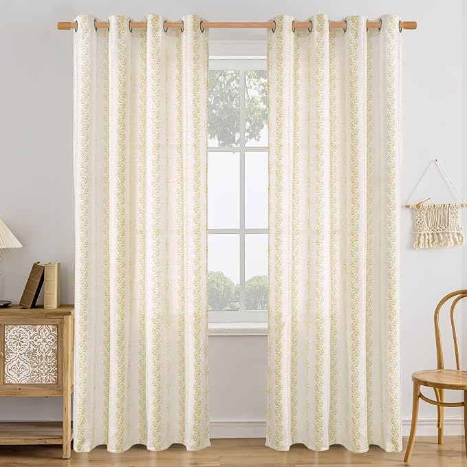 BGment Mustard Yellow Vintage Floral Linen Curtains for Farmhouse - Boho Curtains 84 Inch Long Light Filtering Window Drapes for Country Rustic Living Room, Each 52 Inch Wide, 2 Panels Set