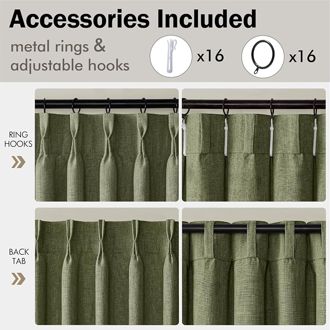 MIULEE Olive Green Pinch Pleated Thick Linen Curtains 108 Inches Long 2 Panels Set for Living Room Bedroom, Linen Texture Drapes Pleat Semi Sheer Moss Green Foor to Ceiling Curtains with Hooks&Rings