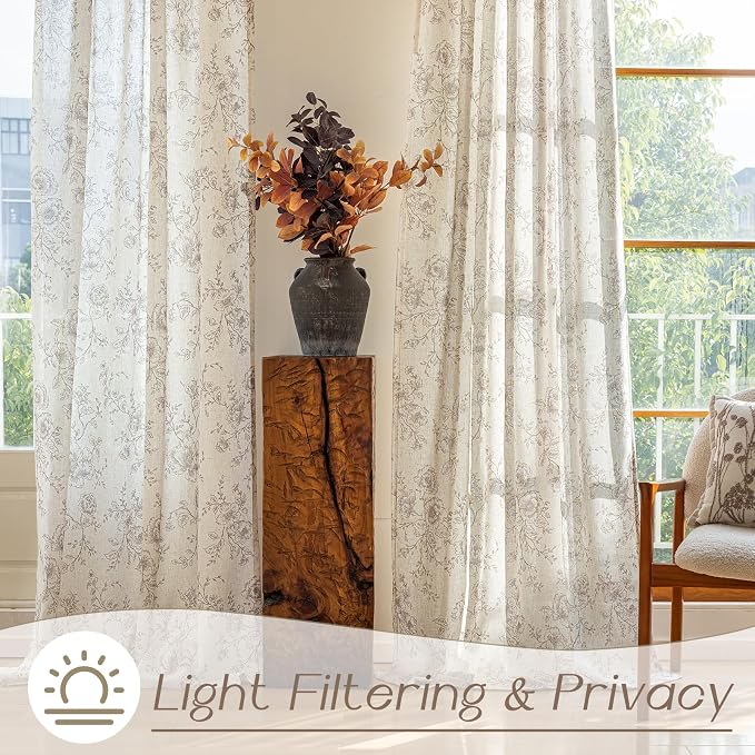 Coffee Floral Curtains 80 inch Length Back Tab Farmhouser Living Room Light Filtering Curtains Coffee Pattern Print on Cream White Linen Curtain Minimalist Aesthetic Sketch Style Vintage Room Decor