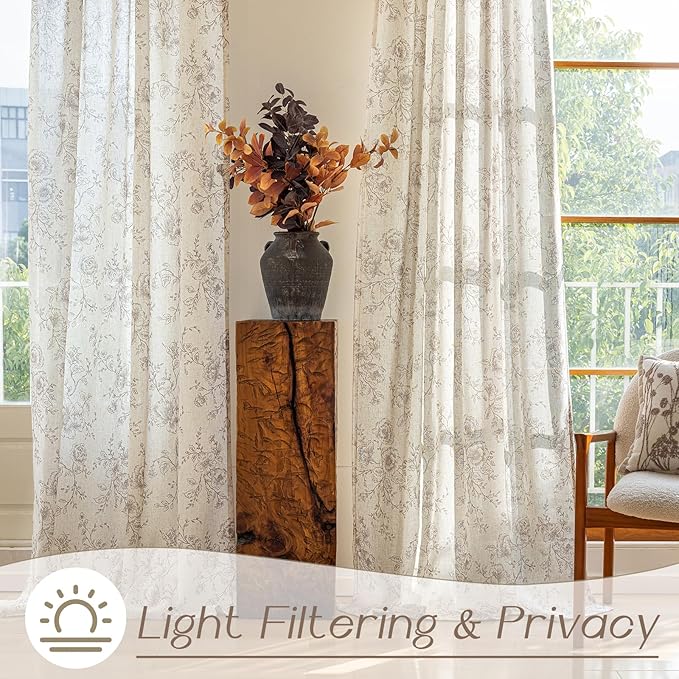 Coffee Floral Curtains 86 inch Length Back Tab Farmhouser Living Room Light Filtering Curtains Coffee Pattern Print on Cream White Linen Curtain Minimalist Aesthetic Sketch Style Vintage Room Decor