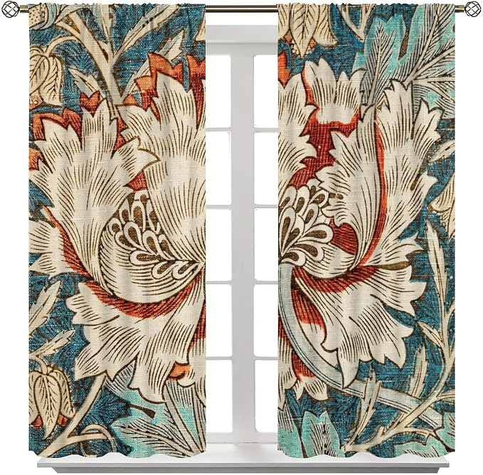 William Morris Plant Floral Blackout Window Curtains, Bohemian Vintage Rustic Flowers William Morris Art Style Window Drapes, for Bedroom Living Room 21(W)*45(L) 2 Panels