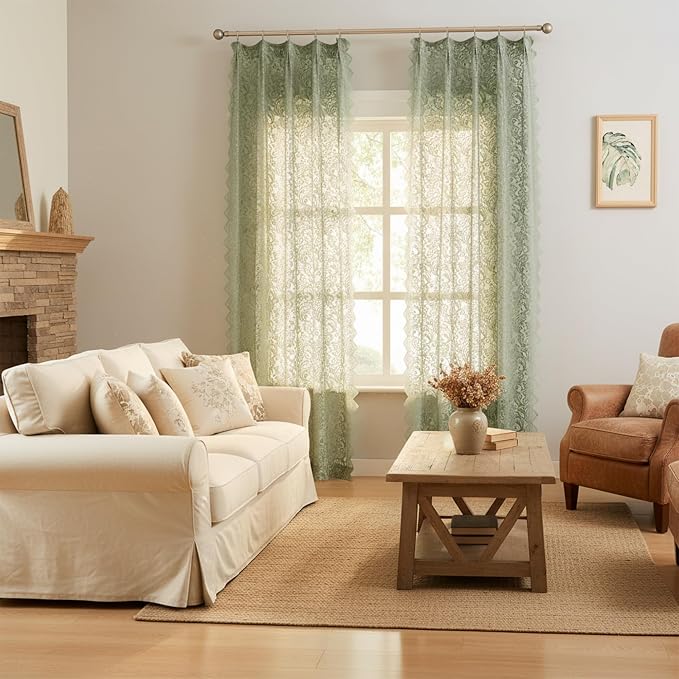 Bujasso Sage Green Lace Pinch Pleat Curtains 96 inch,Vintage Floral Sheer Drapes with Hooks & Rings,Baroque Damask Scalloped Edge Light Filtering Window Panels for Bedroom Living Room, 40" Wx96 Lx2