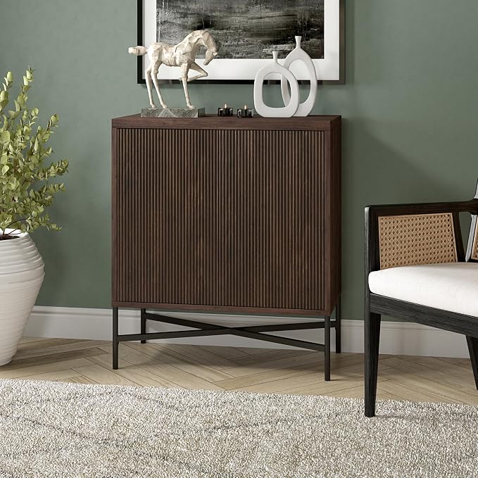 Henn&Hart 28" Fluted Accent Cabinet, Ribbed Modern Sideboard Buffet Cabinet with 2 Doors and an Adjustable Shelf for Living Room, Dining Room, Bedroom or Entryway, Rich Brown