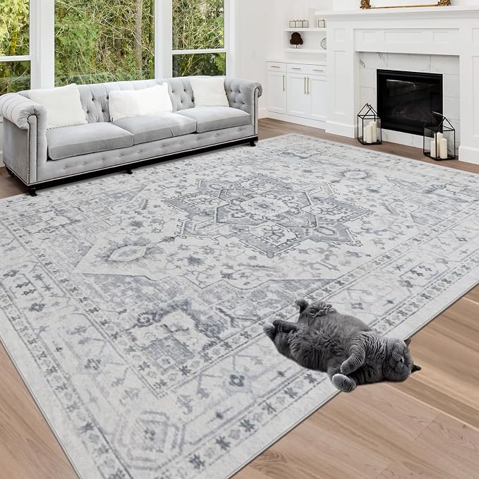 Srugn Area Rugs 5x7 Washable Area Rugs for Living Room- Ultra Soft Non-Shedding Faux Wool Bedroom Rug Grey Vintage Print Rugs Non Slip Dining Room Rugs Large Floor Carpet for Farmhouse Home Office