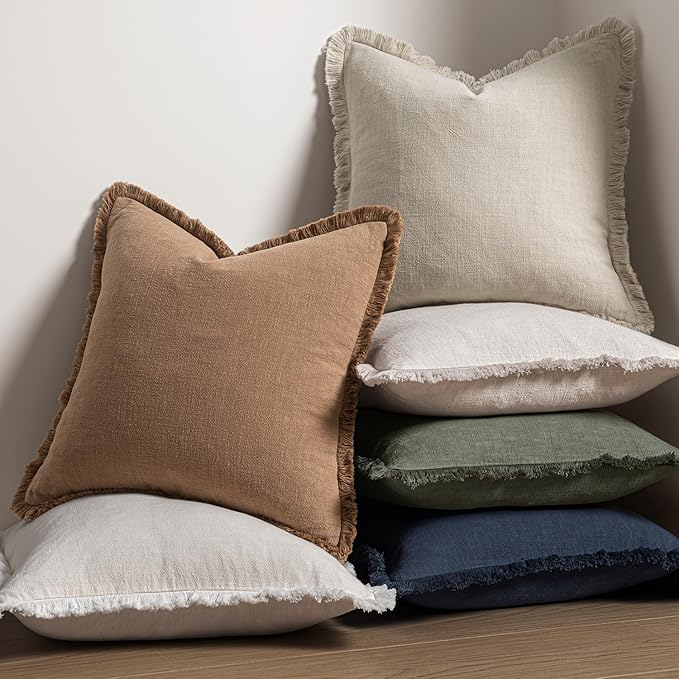 MIULEE Decorative Lumbar Throw Pillow Covers Neutral Linen Fringe Throw Pillows Set of 2 Brown Boho Farmhouse Cushion Covers with Tassels for Couch Sofa Bed Living Room Fall Home Decor 12x20 Inch