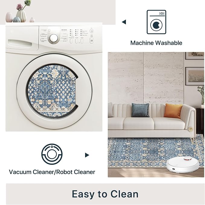 Bavni Washable Rugs 10x14 Machine Washable Rug Lightweight Low Pile, Vintage Floral Rug Non-Shedding Distressed Throw Carpet for Living Room Bedroom Office,Lake Blue