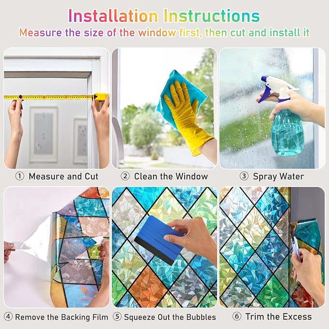 Sunbaby Window Privacy Film Stained Glass Decorative Rainbow Window Cling 3D Static Clings Colorful for Home Decoration, Anti-UV & Heat Control Non-Adhesive (23.6"x78.7")