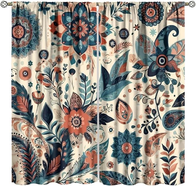 Bohemian Floral Curtains, Vintage Floral Natural Botanical Peris Pattern Window Treatments, Blackout Curtains for Bedroom Living Room63X63 Inch