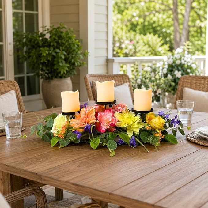Svndlyn Spring Summer Candle Holder Centerpiece with Colorful Flowers | 3 Candle Plates, Peach Dahlia, Yellow Rose, Purple Flowers and Eucalyptus Leaves for Dining Table, Coffee Table and Mantel