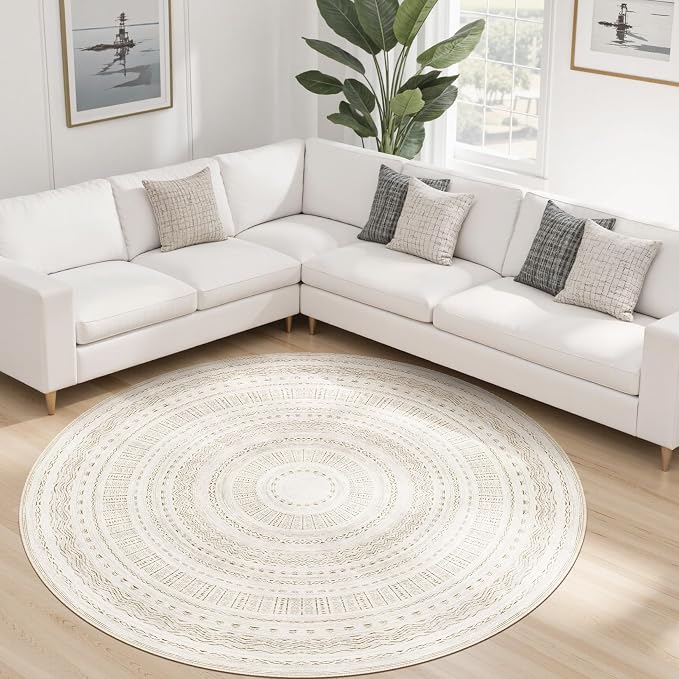 cotiled 6x6 Round Area Rugs Living Room Rug: Washable Boho Rugs with Non Slip Backing Large Soft Indoor Stain Resistant Carpet for Bedroom Farmhouse Dining Room Lightweight Home Decor Brown/Cream