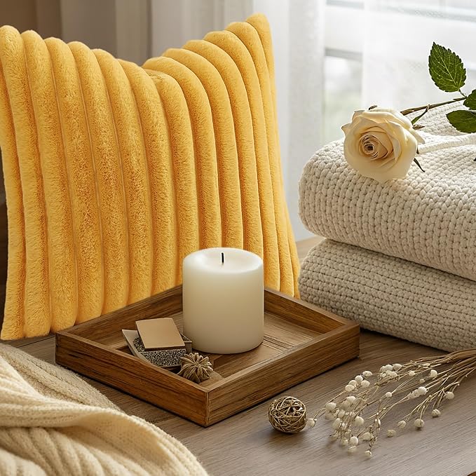 decorUhome Fall Cozy Faux Fur Throw Pillow Covers 12x20 Set of 2 Decorative Plush Striped Lumbar Modern Farmhouse Boho Couch Pillow Cases with Velvet Back for Sofa Bed Living Room, Mustard Yellow
