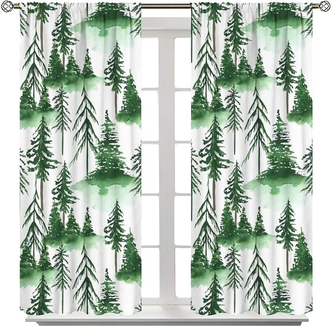Watercolor Forest Curtains, Green Nature Cartoon Mountains Misty Forest Plants Trees Blackout Window Treatments, Thermally Insulated Drapes for Kids Boys Girls Living Room Bedroom Nursery 42x63in