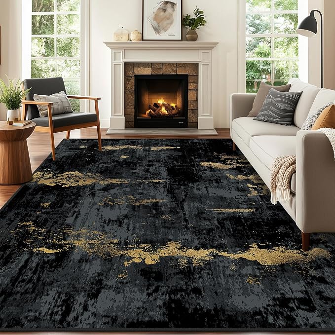 RELEANY Washable Area Rugs 9'x12' Non-Slip Modern Abstract Soft for Living Room Entryway Bedroom Kitchen, Print Pattern, Dark Black Gold
