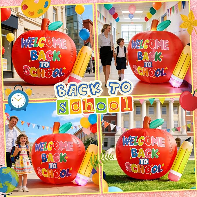 6.7 FT Long Back to School Inflatables Outdoor Decorations, Apple & Pencil Blow up Yard Decor with LED Lights, First Day of School Welcome Decoration for Preschool Kindergarten Party Indoor Lawn Patio