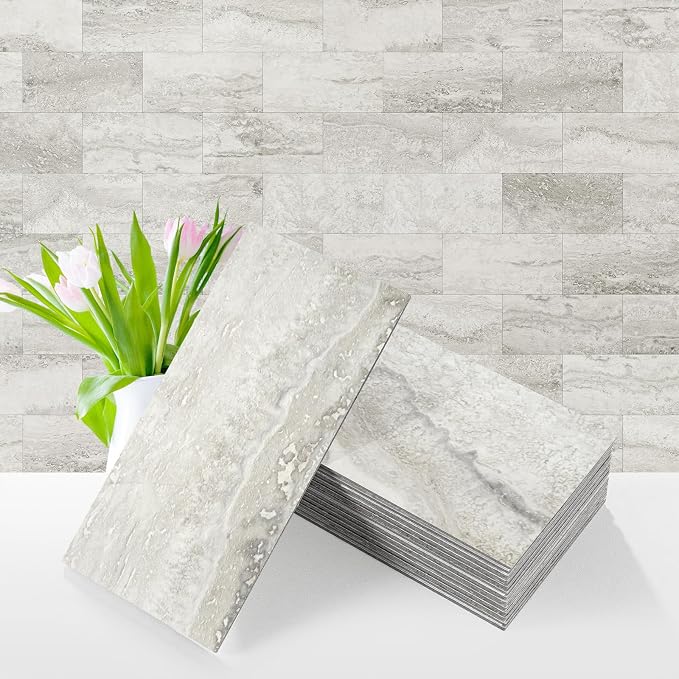 Vamos Tile 4-Piece Matt Beige Mixed Grey Slate Peel and Stick Backsplash Seamless Tile,3''x6'' PVC Subway Tile,Stick on Backsplash for Kitchen/Bathroom/Laundry Room