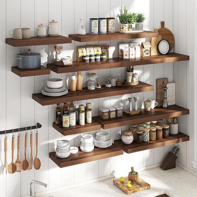16 Inch Floating Shelves for Wall Set of 2, 12"D Wood Grain Bathroom Shelves with Invisible Brackets, Easy Install Engineered Wood Storage Shelves for Kitchen, Living Room, Bedroom, Walnut Finish