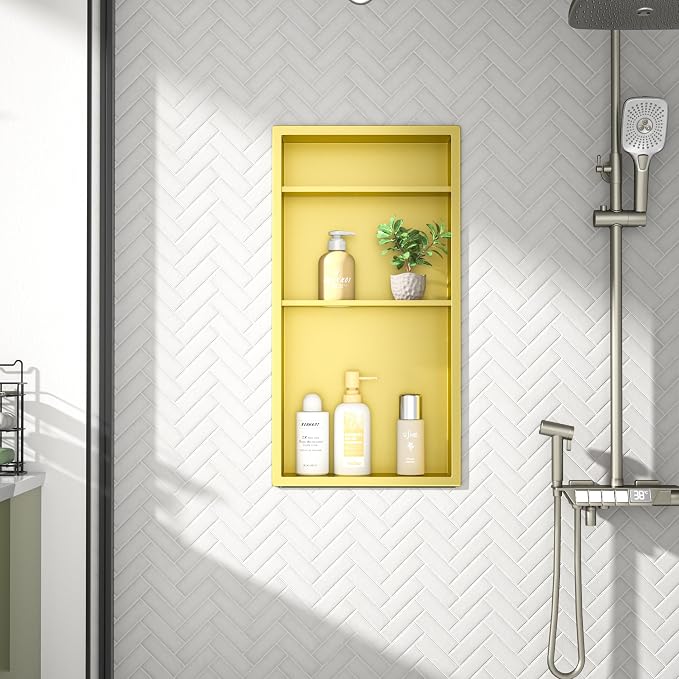 Gold Shower Niche 24" X 12" No Tile Needed Bathroom Niche Shower | 304 stainless steel shower niche,recessed niche shower for bathroom storage,vertical niche w/ 3-tier shelf,golden wall niche