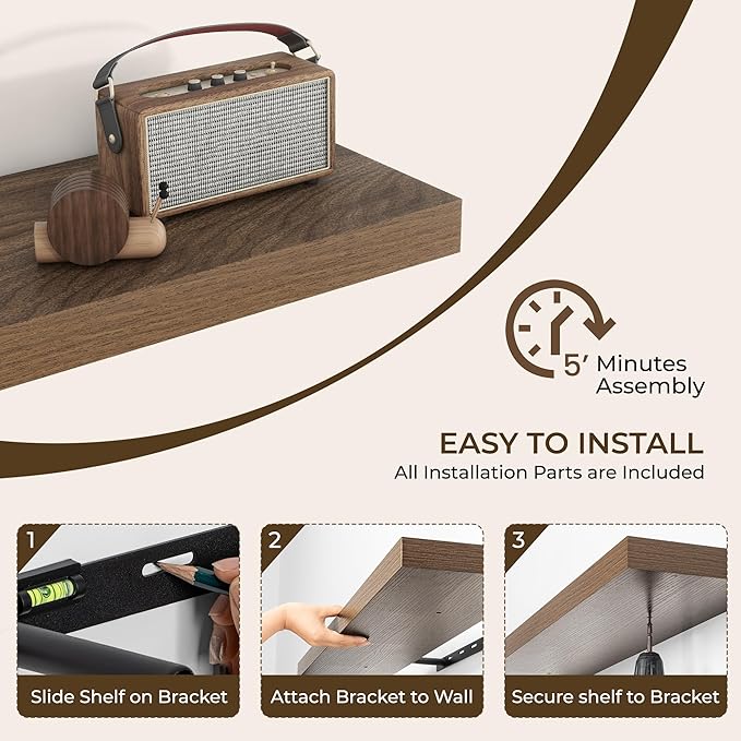 RICHFOCUS 8 Inch Floating Shelves for Wall Small Square Shelves Set for Bedroom|Kitchen|Bathroom|Laundry Room Rustic Wood Wall Mounted Shelf with Invisible Brackets for Books|Storage|Decor, Walnut