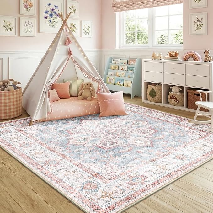CAPALOCA Machine Washable Rugs Nursery Rug Sq6ft Cute Girl Non Slip Low Pile Water Repellent Soft Print Pattern for Bedroom Indoor Decor Kids Playroom Pink Blue