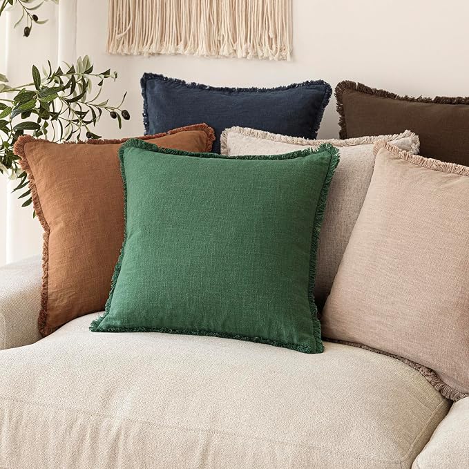 Foindtower Set of 2 Decorative Linen Fringe Throw Pillow Covers Cozy Boho Farmhouse Cushion Cover with Tassels Soft Accent Pillowcase for Couch Sofa Bed Living Room Home Decor, 22×22 Inch, Pine Green
