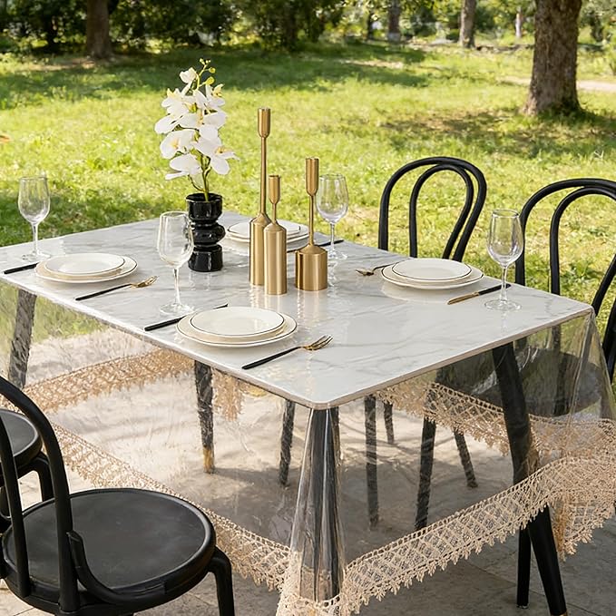 Clear Vinyl Tablecloth Protector – Waterproof Rectangular Table Cover with lace Trim for Dining, Kitchen, Party, Indoor & Outdoor Use (84"x60")