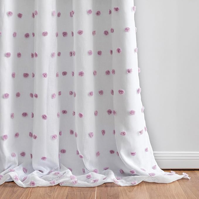 MYSKY HOME Total Blackout Curtains for Girls Bedroom with Purple Pom Pom Sheer 90 Inch Long 100% Light Blocking Curtains for Living Room 2 Panels Room Darkening Back Tab Double Layer Drapes 52" x 90"