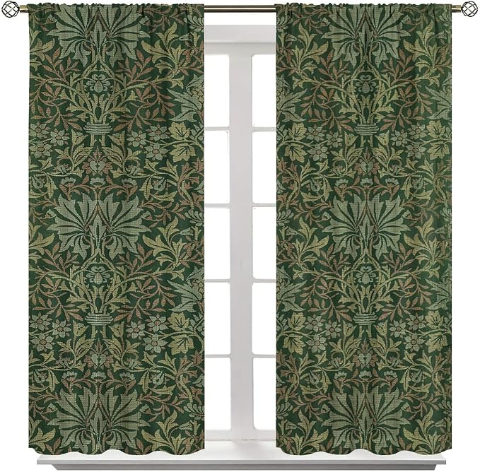 Bohemia Art Blackout Window Curtains, William Morris Original Design Green Garden Vintage Curtains, for Living Room Bedroom 21(W)*63(L) 2 Panels