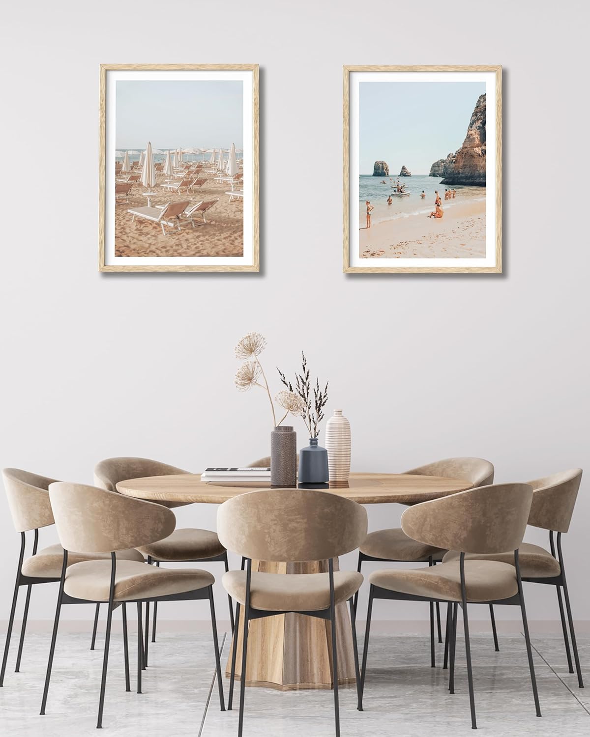 HesenDot Natural OAK Wood Framed Italy Beach Wall Art,12x16in Amalfi Coast Canvas Wall Print,Positano Seascape White Beach Chair Wall Decor for Living Room, Bedroom,Office Gallery Set of 1