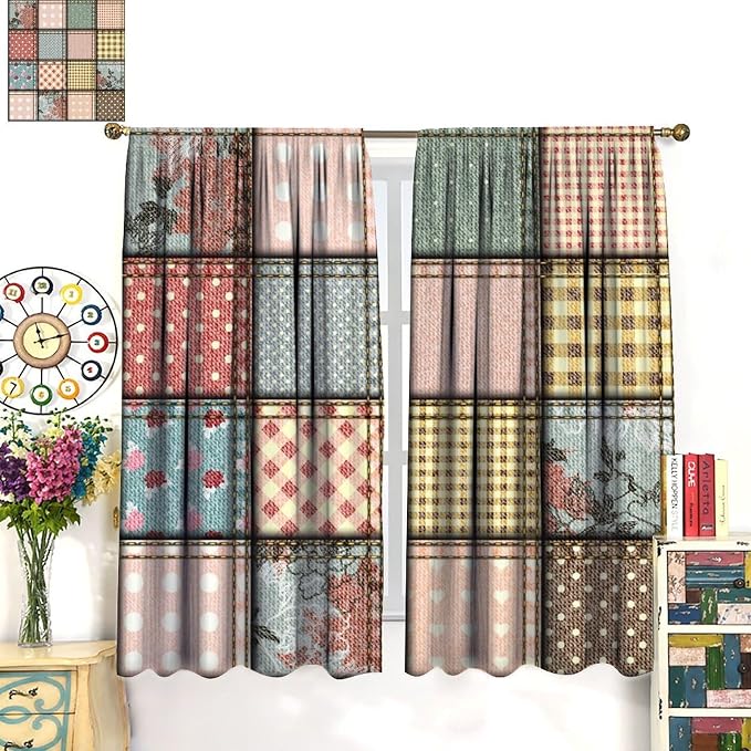 Boho Floral Patchwork Curtains Flower Boho Checkered Polka Dots Patchworkt Window Drapes for Bedroom Living Room Kitchen Cafe (W20xL45 Inch) x2 Decor