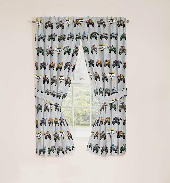 Jay Franco Window Curtains for Kids Bedroom 4-Piece Drape Set with 2 Tiebacks, Grey - Monster Jam, 42" W x 63" L (Pack of 2)