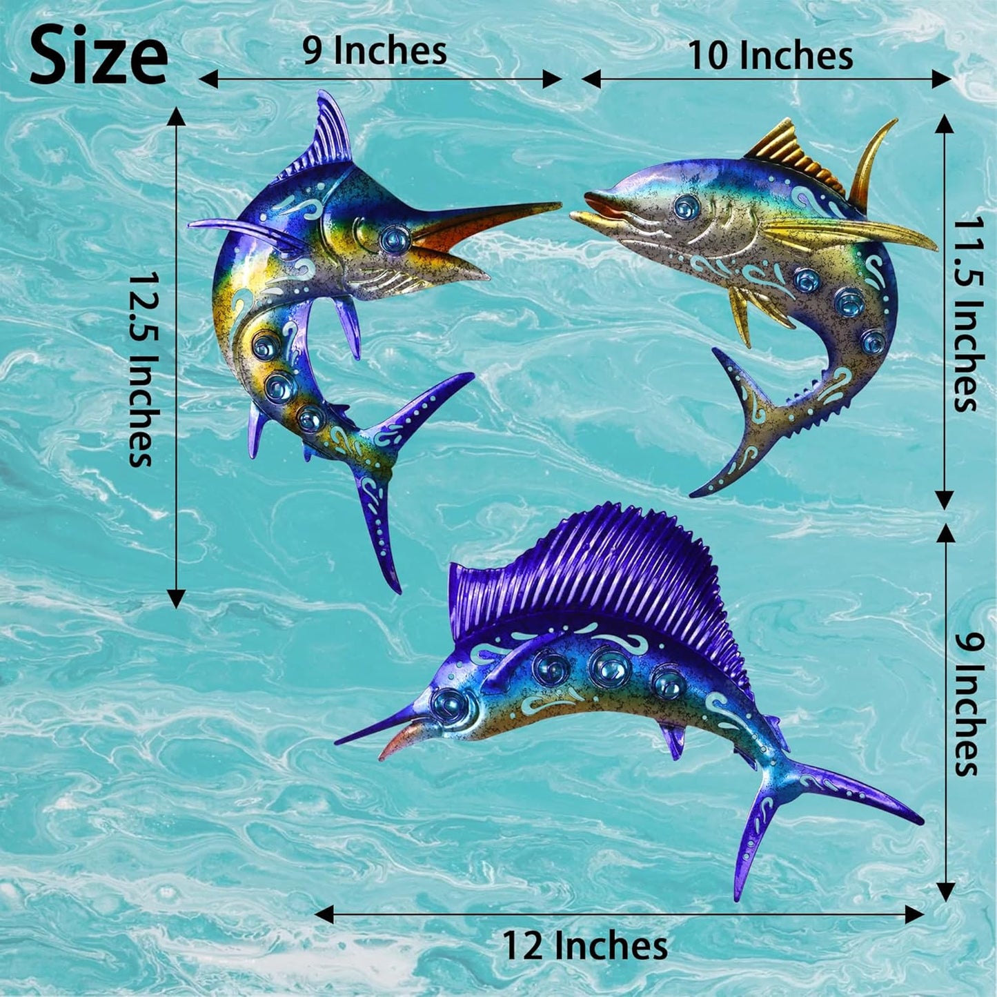 Metal Fish Wall Art Decor, 3-Piece Marlin Tuna Swordfish Set, Blue and Gold Tropical Ocean Theme Outdoor Wall Decor for Patio Garden Yard, Decorative Hanging Sculptures