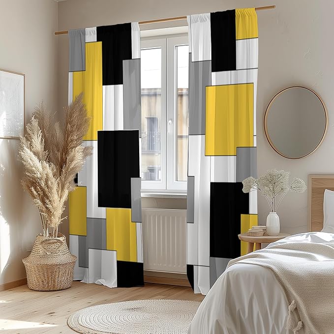 Yellow and Black Curtains for Living Room 84 Length Geometry Curtains Modern Yellow Grey Abstract Rod Pocket Curtain for Bedroom Kitchen Room Window Drapes 2 Panels