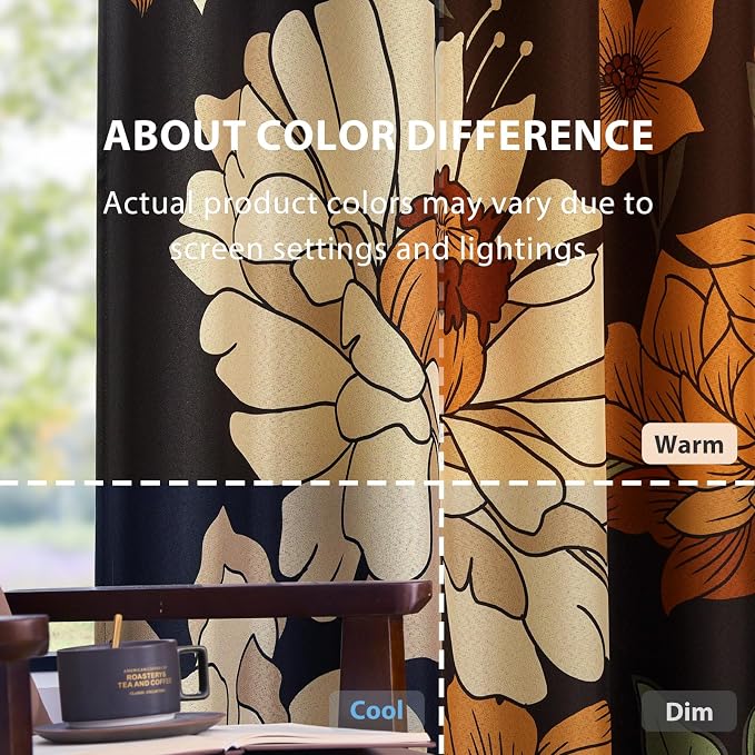jinchan Lora Floral Curtains for Bedroom Blackout Drapes for Living Room Darkening Fabric Vintage Black Boho Flower Pattern Fall Decor Window Curtains 108 Inches Length 2 Panels with Grommet