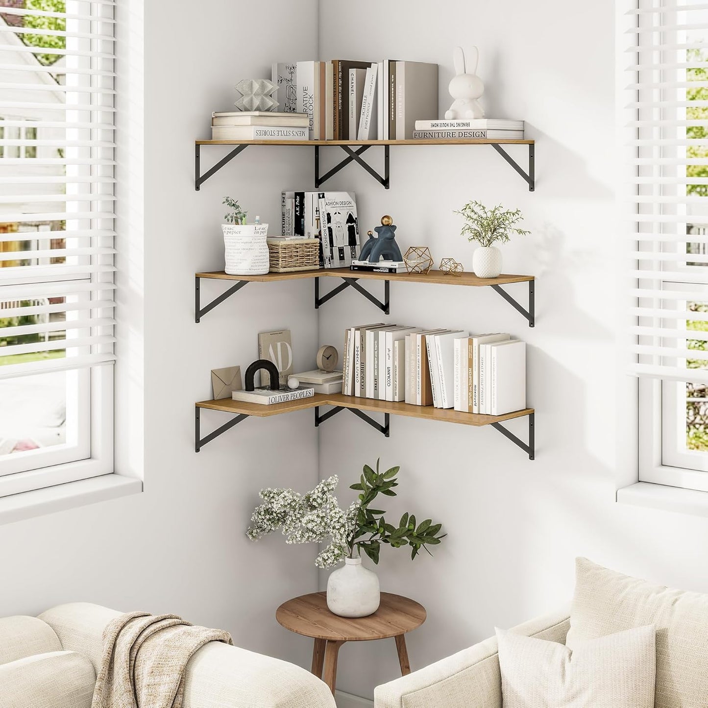 Heimlove Deep Floating Shelves for Wall, 12 Inch Deep Floating Shelves Set of 3, 16W x 12D Wood Wall Shelves, Wide Wood Shelves with Metal Bracket for Living Room, Kitchen, Office, Bedroom - Oak