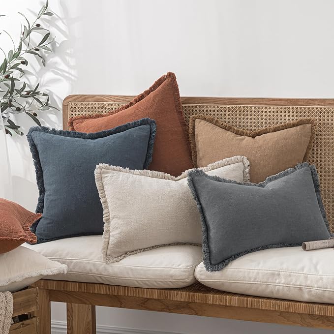 MIULEE Decorative Throw Pillow Covers Neutral Linen Fringe Throw Pillows Set of 2 Grey Boho Farmhouse Cushion Covers with Tassels for Couch Sofa Bed Living Room Spring Decor 18x18 Inch