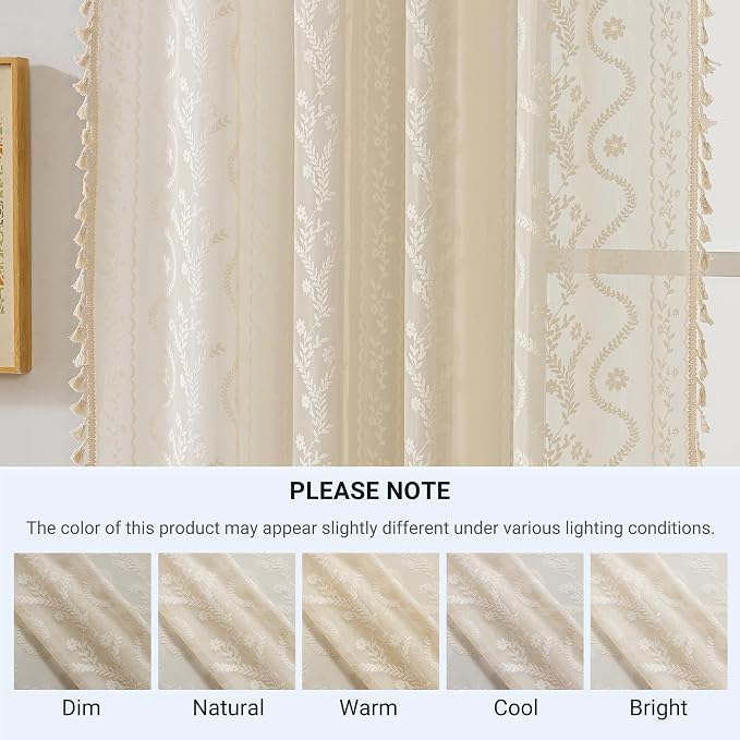 WAZZIO Boho Lace Curtains 2 Panels 54 Inches -Cute Vintage Victorian Sheer Panel Drape French Country Floral Pattern & Tassel Light Filtering Privacy for Bedroom Dining Living Room,Beige,W52x L54