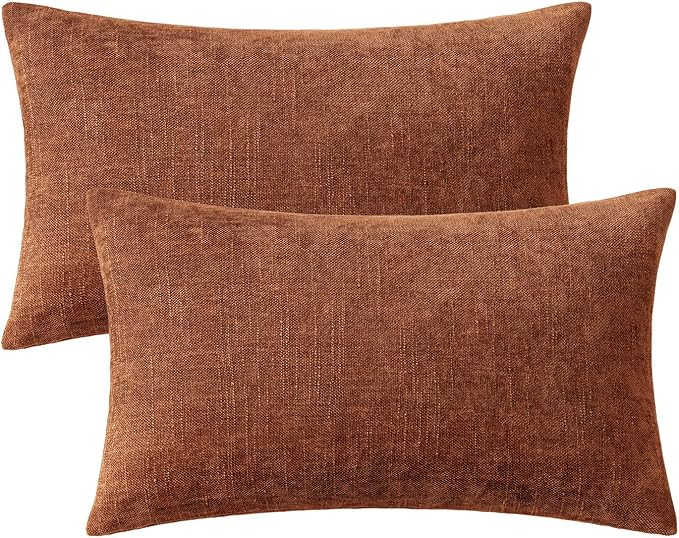 MIULEE Textured Pillow Covers 20x12 Inch Pack of 2,Dark Rust Soft Thick Solid Lumbar Decorative Chenille Throw Pillows Neutral Farmhouse Cushion Covers Modern Home Decor for Sofa Bedroom Living Room