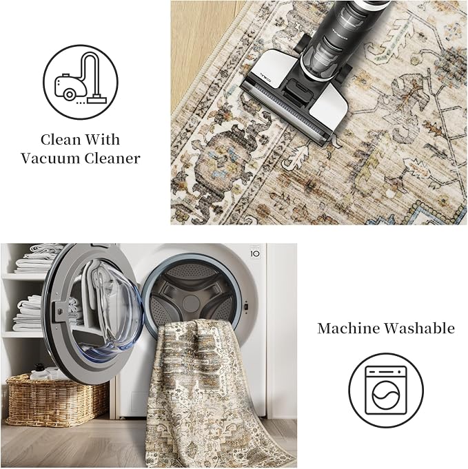 Roxstand 5x7 Washable Area Rug, Vintage Low Pile Rug, Beige/Brown | Non-slip Backing, Low-Pile Carpet, Stain Resistant,Rugs for Living Room,Bedroom, Dining Room, Office