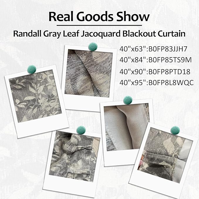 Randll Pinch Pleat90% Blackout Curtain Floral Jacquard Thermal Insulated Drape for Living Room Bedroom 63 Inch Long Gray Leaf Printed Botanical Pattern Back Tab Window Treatment Set,40"x63",2 Panels