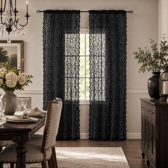 ALIGOGO Black Lace Curtains for Living Room, Luxury Gothic Curtains 84 inches Long, Boho Doorway Curtains Witchy/Goth Room Decor, Light Filtering & Privacy, 52 x 84 Inch, Black