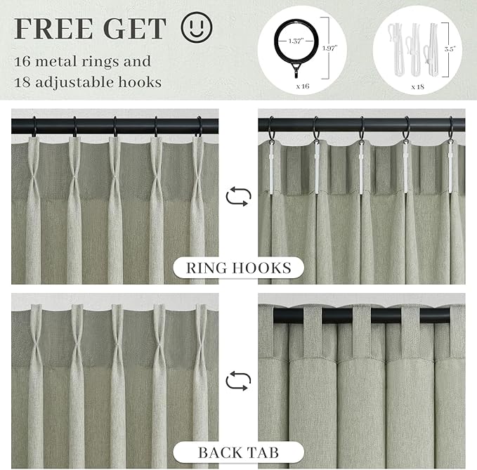 96 Inches Long Pinch Pleated Semi Sheer Curtains,Green Linen Blended Light Filtering Window Curtains 96 Length 2 Panels for Living Room Bedroom Pinch Pleat Drapes with Hooks 2 Panels 40" Wx96 L