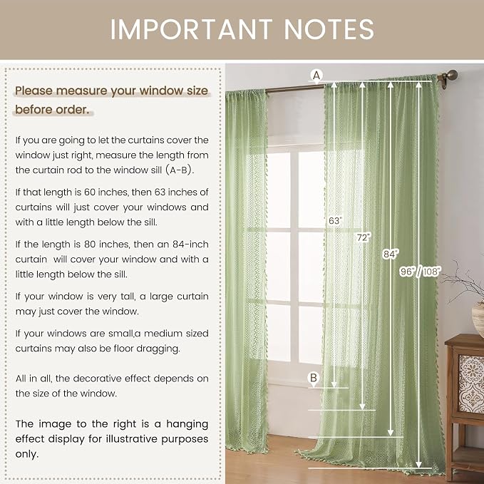 WAZZIO Boho Lace Curtains 63 Inches 2 Panel,Light Filtering Privacy Tassel & Geometry Crochet Semi Sheer Curtain Drapes for Bedroom Living Dining Room,Rod Pocket & Tassel,Grass Green