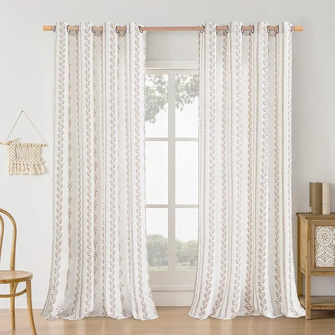 BGment Brown Boho Curtains Leaf Floral Print Cottage Core Botanical Curtains for Living Room Light Filtering Curtain 96 Inch Long for Farmhouse Rustic, Each 52 Inch Wide, 2 Panels Set