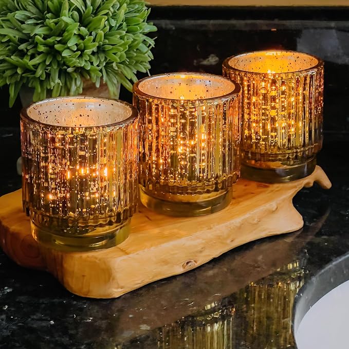 Gold Vintage Ribbed Glass Tealight Votive Candle Holders by Kate Aspen (Set of 6), Fall Decor, Boho Decor, Shelf Decoration | Perfect Hostess Gift or Home Decor (Pack of 6)