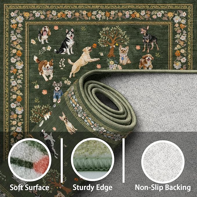 Area Rug 4x6 Dark Green Rug, Washable Boho Rugs Non Slip Low Pile Floral Dog Small Carpet for Bedroom, Bedside, Kids Room, Office, Dining Room(Dark Green, 4 x 6)