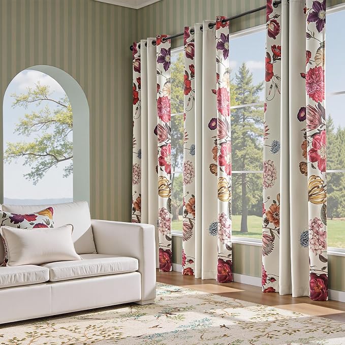 jinchan Vintage Floral Print Blackout Curtains Light Filtering Drapes with Vibrant Retro Flower Print Fall Decor Winter for Bedroom Living Room 96 Inches Length 2 Panels Set with Grommet Beige
